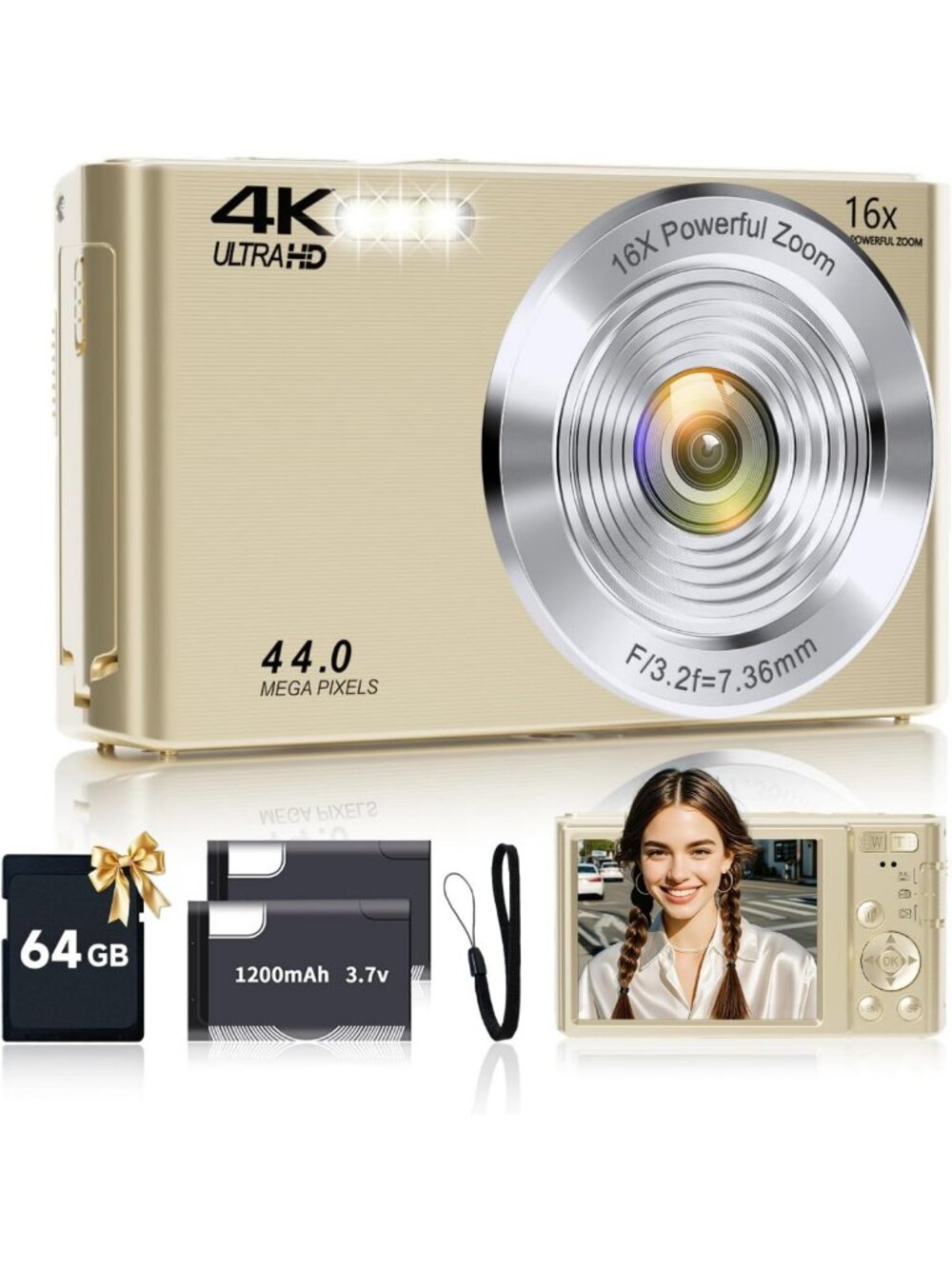 4K Autofocus Digital Camera with 64GB SD Card, 16X Zoom - Compact & Portable
